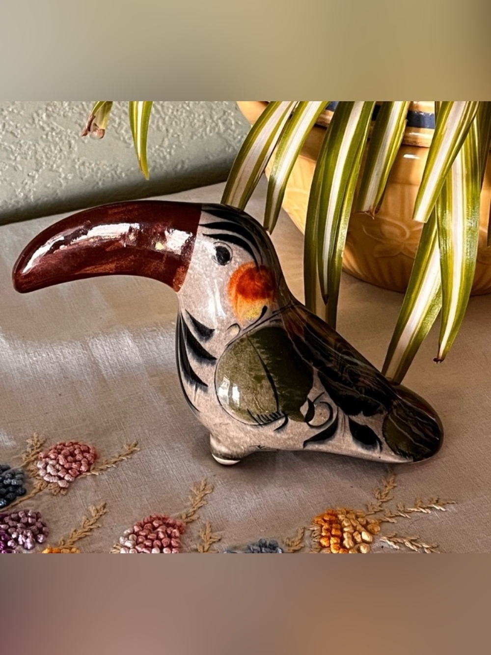 Vintage Tonala Toucan Bird Hand Painted Folk Art Mexico